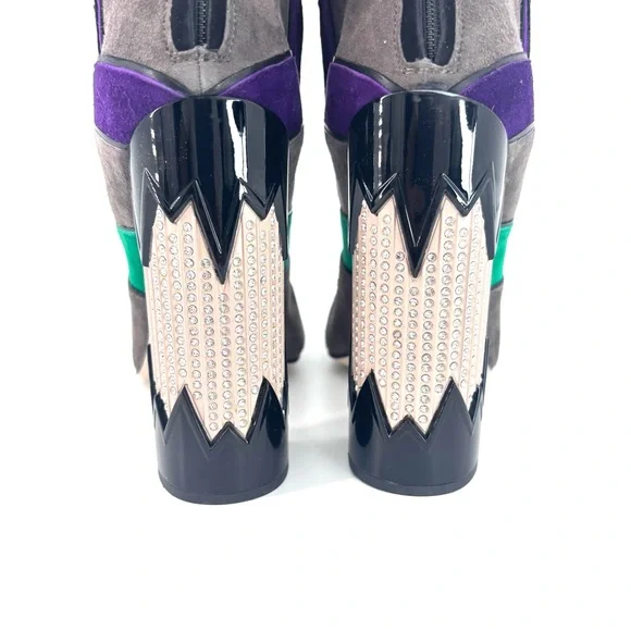 Miu Miu SS2016 Suede Patchwork Colorblock Crystal Embellished High Heel Boots 40 - Picture 8 of 10
